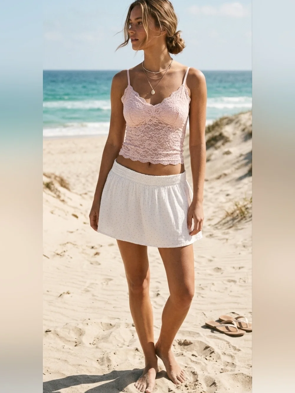 Vtg Y2K White‎ and Pink Polka Dot Smocked Waist Mini Skirt XL Coquette Feminine